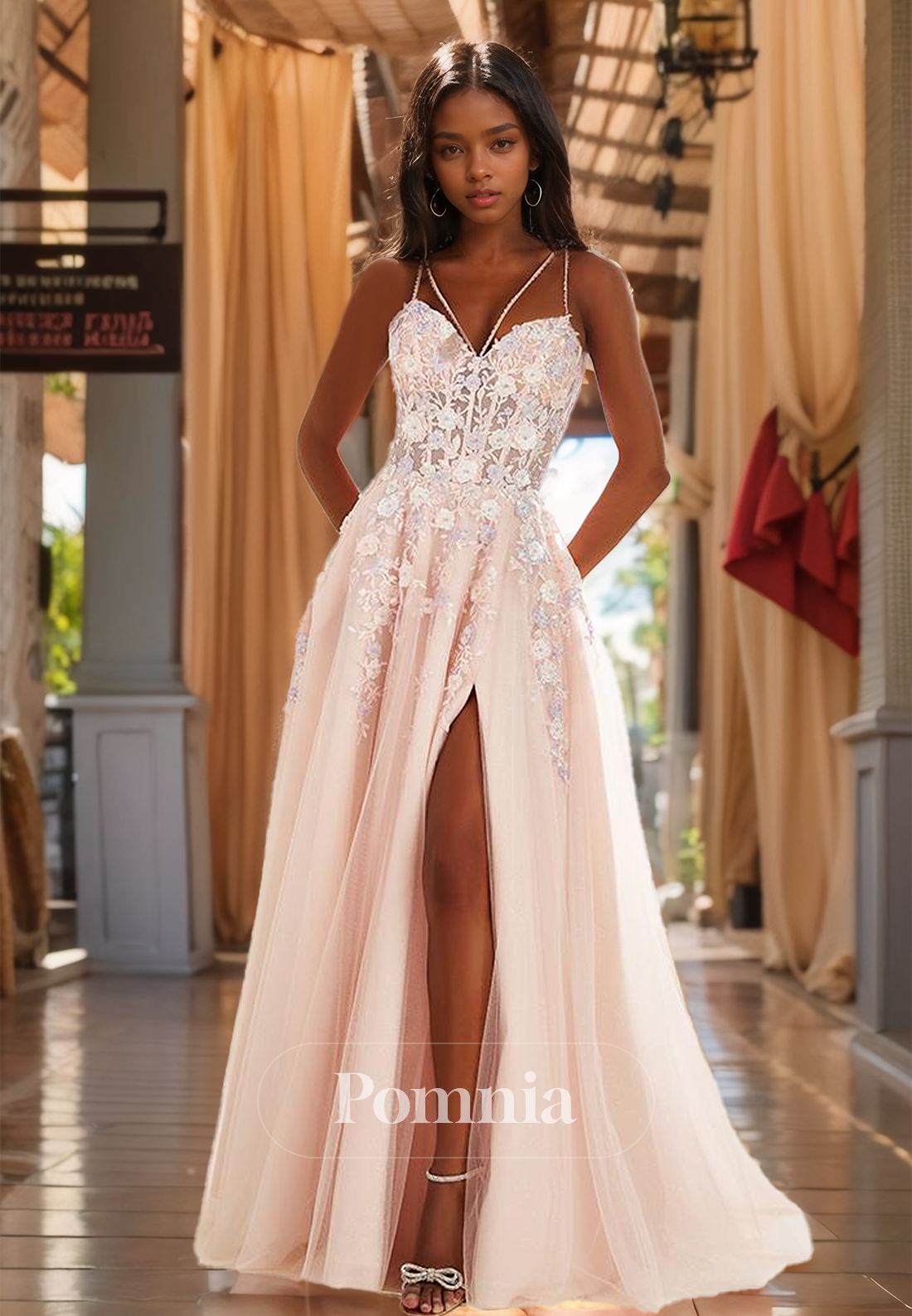 Spaghetti Straps Sweetheart Prom Dress with Side Slit Corset Tulle Evening Party Dress