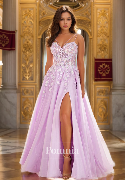 Spaghetti Straps Sweetheart Prom Dress with Side Slit Corset Tulle Evening Party Dress