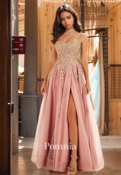 Charming Off-Shoulder Appliques Prom Dress with Side Slit Corset Tulle Evening Party Dress