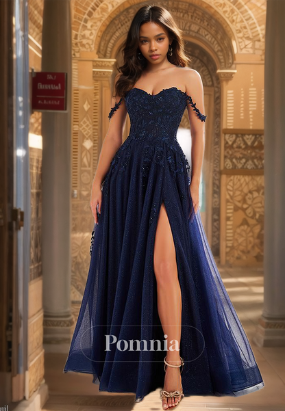 Charming Off-Shoulder Appliques Prom Dress with Side Slit Corset Tulle Evening Party Dress