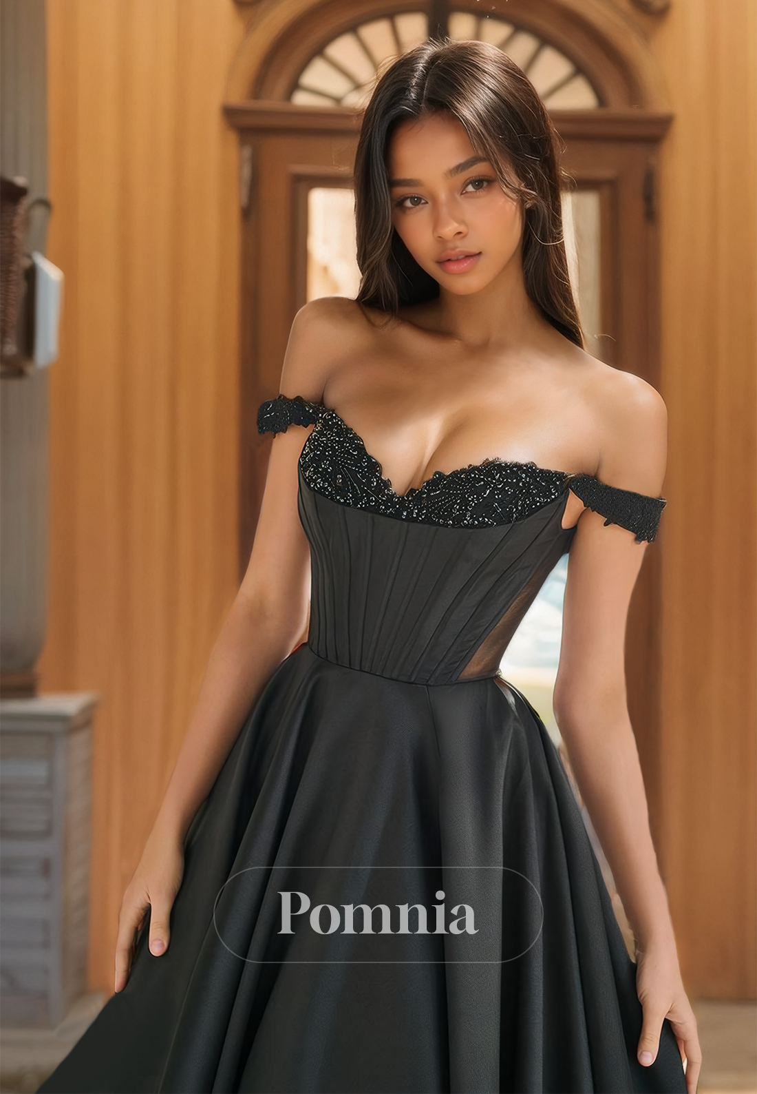 A-Line Off-Shoulder Backless Prom Dress with Train Empire-Waist Evening Party Dress