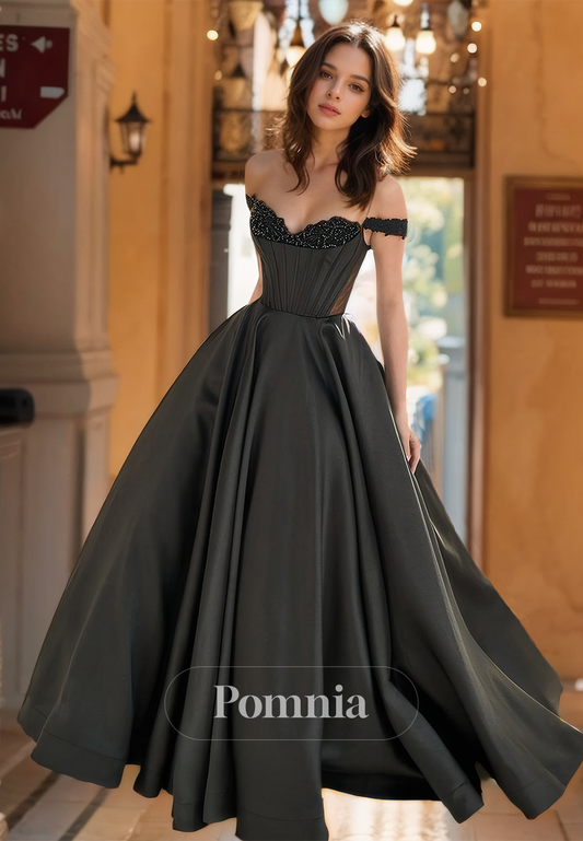 A-Line Off-Shoulder Backless Prom Dress with Train Empire-Waist Evening Party Dress