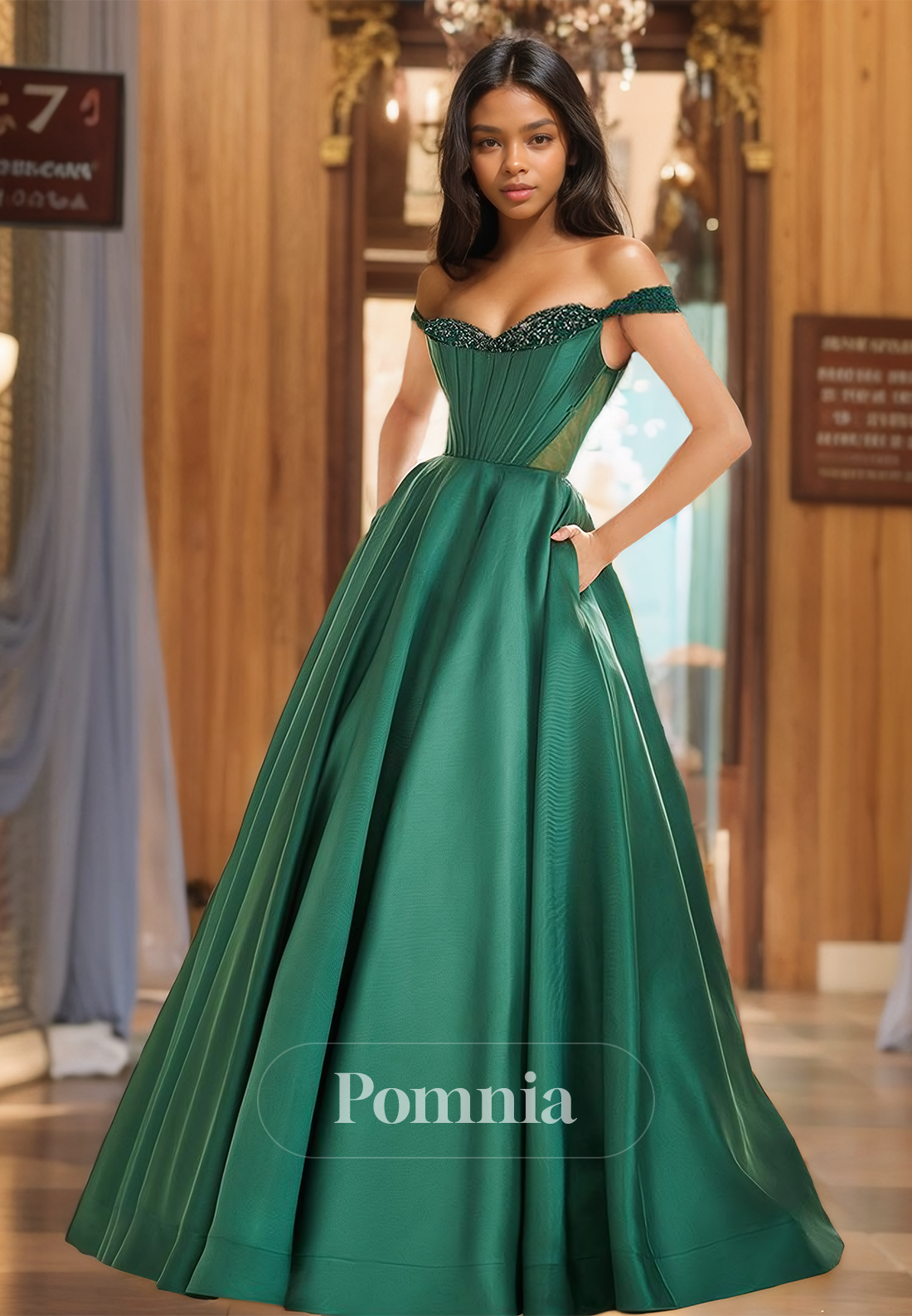 A-Line Off-Shoulder Backless Prom Dress with Train Empire-Waist Evening Party Dress