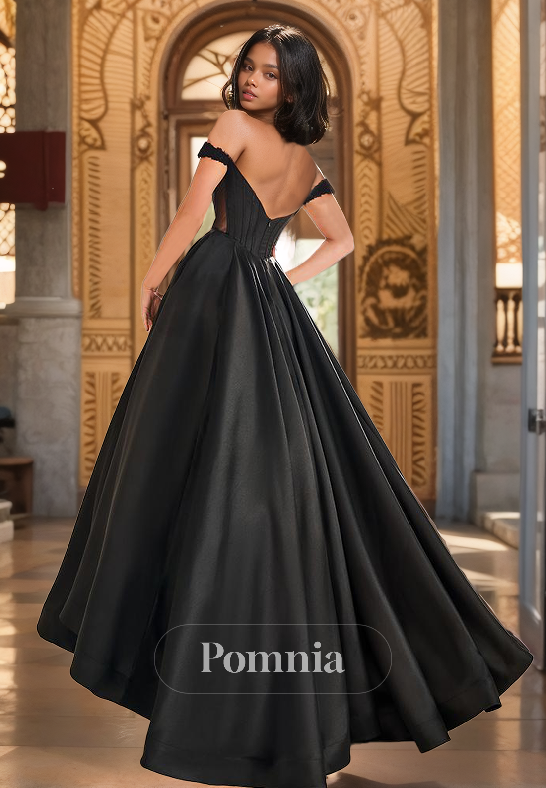 A-Line Off-Shoulder Backless Prom Dress with Train Empire-Waist Evening Party Dress