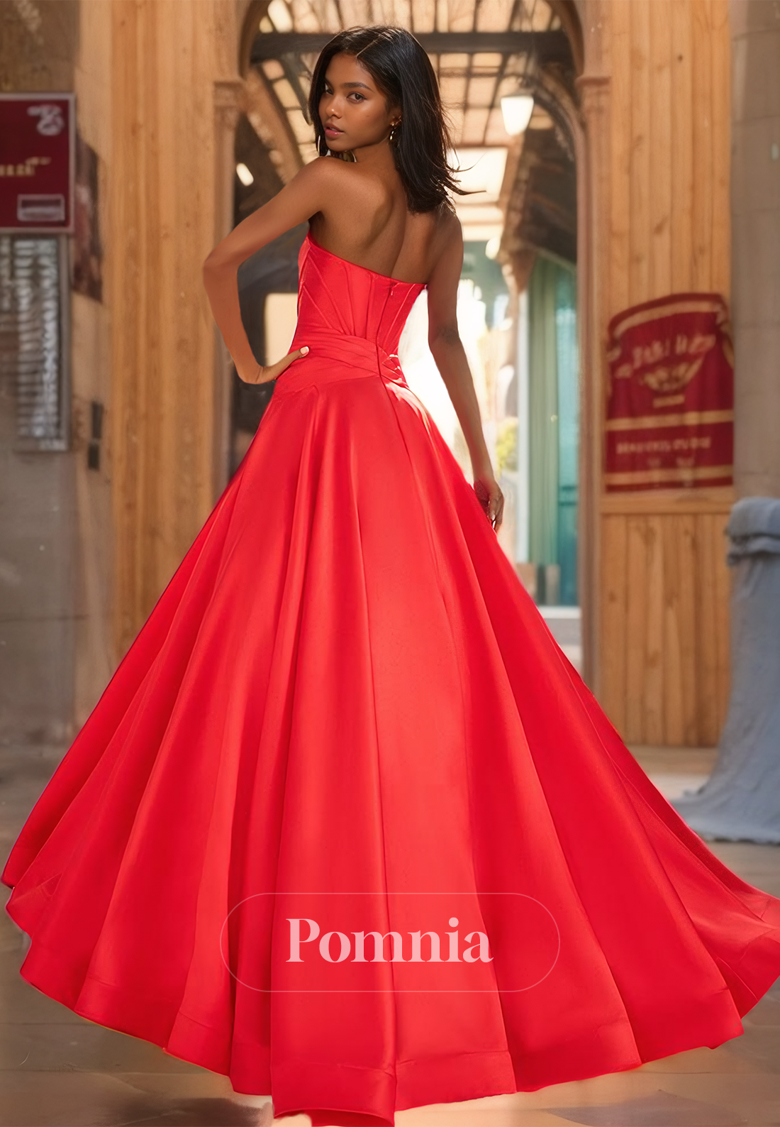 Simple A-Line Strapless Sleeveless Prom Dress with Train Ruched Evening Party Dress