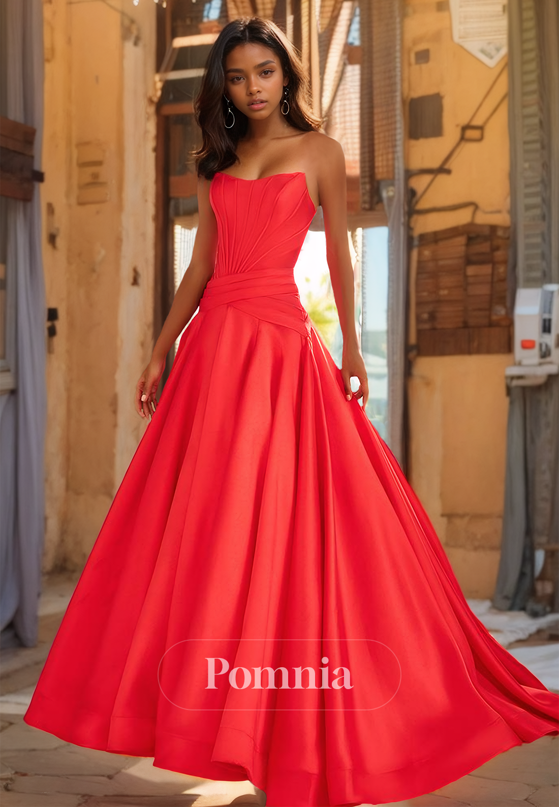 Simple A-Line Strapless Sleeveless Prom Dress with Train Ruched Evening Party Dress