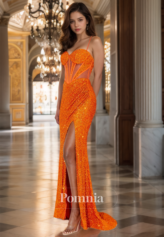 Papaya Spaghetti Straps Sweetheart Prom Dress with Slit Sequins Evening Party Dress