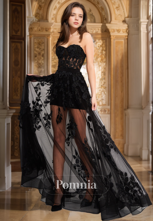 Black Strapless Sleeveless Prom Dress with Appliques Lace Corset Evening Party Dress