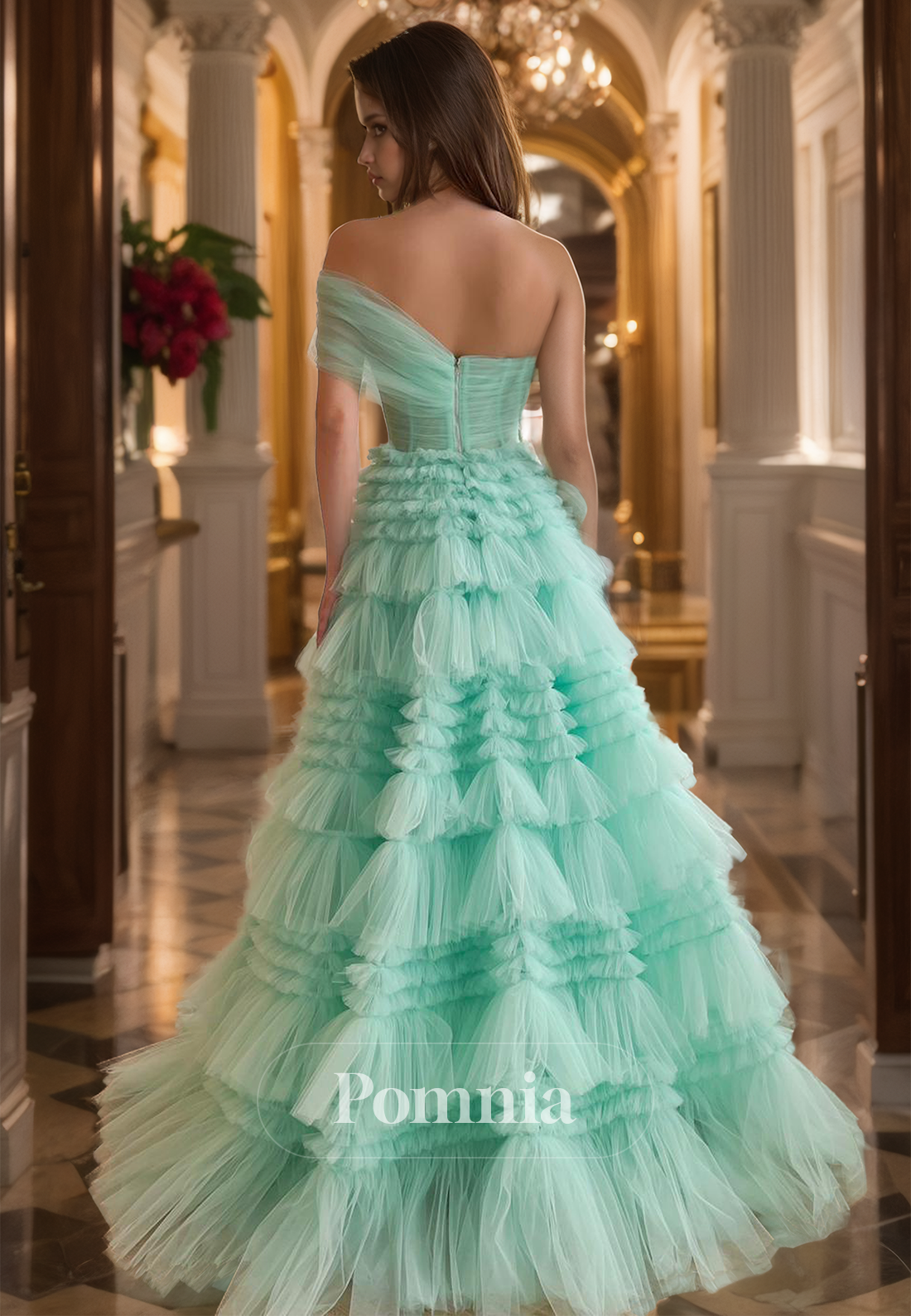 Mint Green A-Line One Shoulder Prom Dress with Ruffles Evening Party Dress