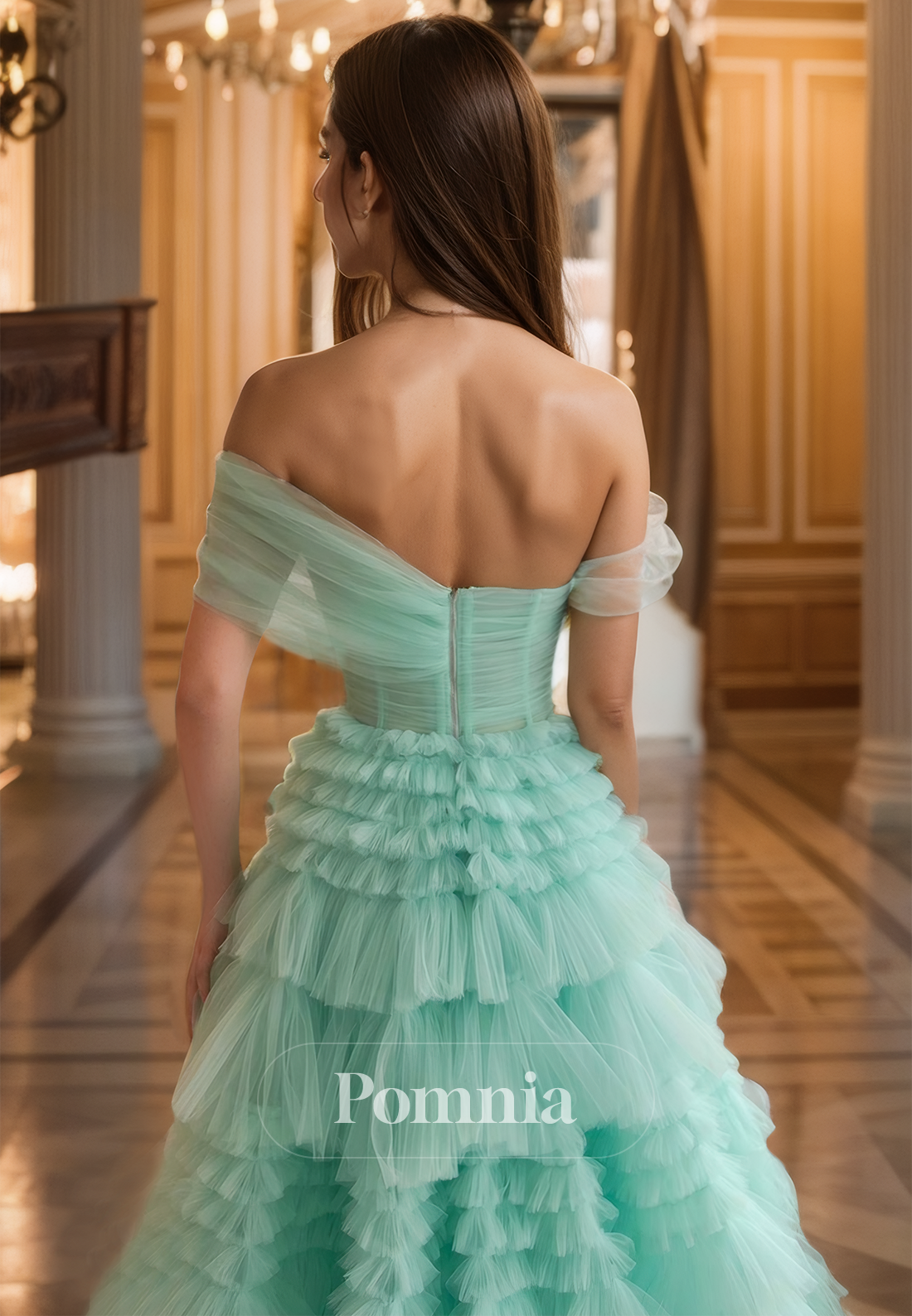 Mint Green A-Line One Shoulder Prom Dress with Ruffles Evening Party Dress