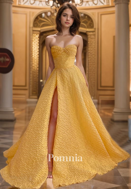 A-Line Strapless Sleeveless Prom Dress with Slit Sweep Train Evening Party Dress