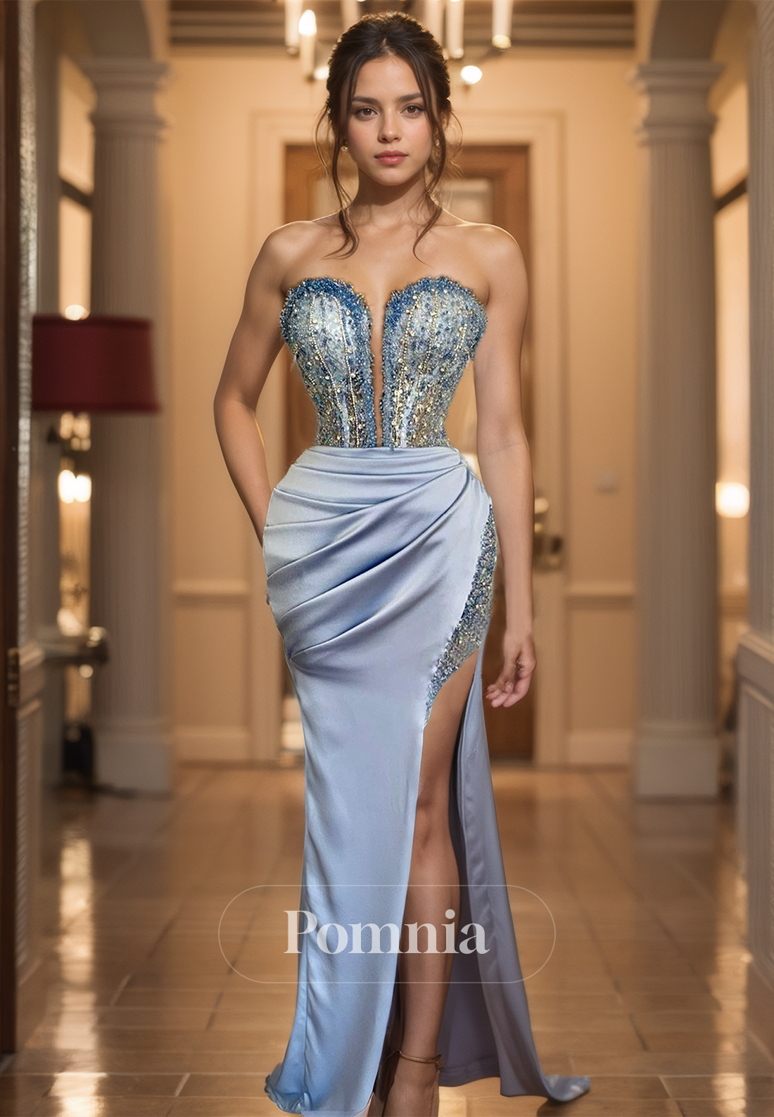 Strapless Sleeveless Corset Tulle Prom Dress with Side Slit Sequins Evening Party Dress