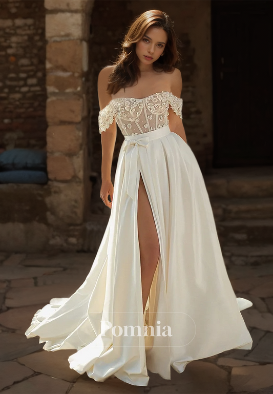 A-Line Off-Shoulder Corset Tulle Floral Appliques Slit Romantic Wedding Dress