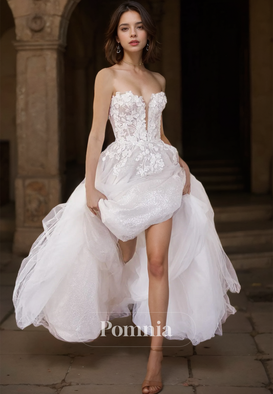 Strapless Sleeveless Floral Appliques Corset Tulle Lace Wedding Dress