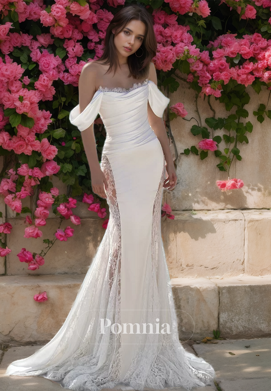 Elegant Off-Shoulder Cap Sleeves Ruched Mermaid Satin Wedding Dress