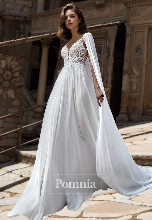 A-Line Spaghetti Straps V-Neck Lace Appliques Backless Romantic Wedding Dress