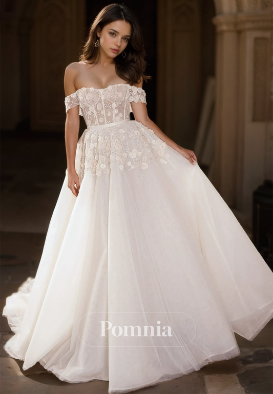 A-Line Off-Shoulder Floral Appliques Corset Sweep Train Lace Wedding Dress