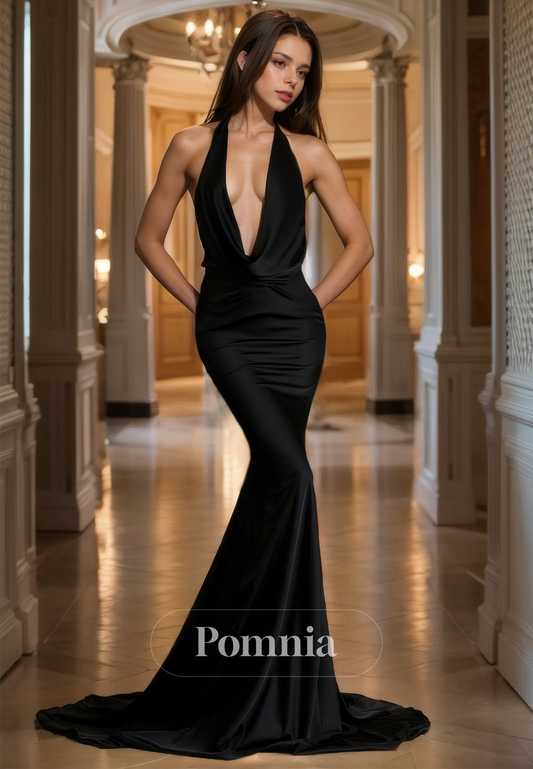 Black Halter Deep V-Neck Prom Dress with Appliques Backless Evening Party Dress