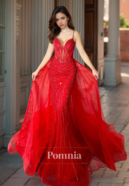 Red Spghetti Strps Sweetheart Prom Dress with Sequins Corset Tulle Evening Party Dress