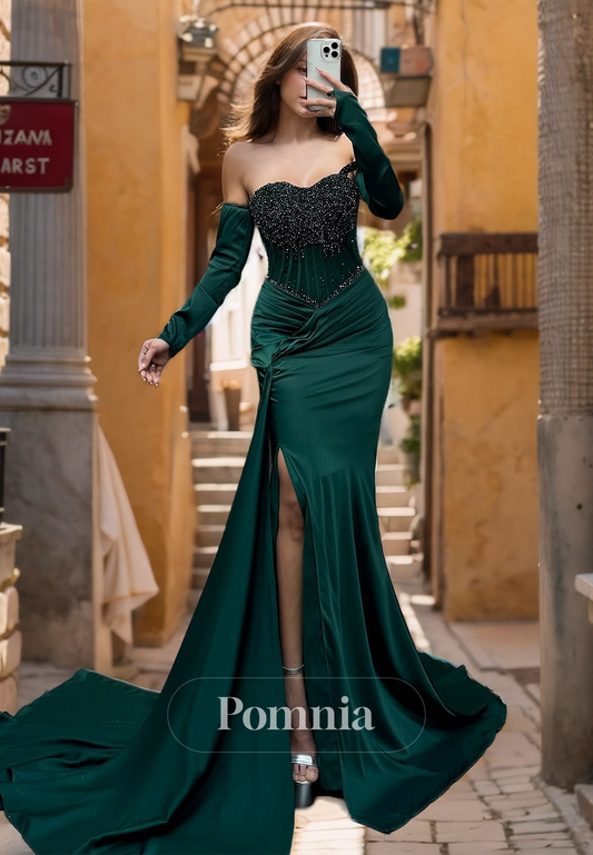 Peacock Long Sleeves Off-Shoulder Prom Dress with Slit Ruched Evening Party Dress