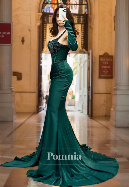 Peacock Long Sleeves Off-Shoulder Prom Dress with Slit Ruched Evening Party Dress