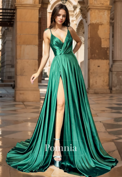 A-Line Spaghetti Straps V-Neck Prom Dress with Side Slit Ruched Evening Party Dress