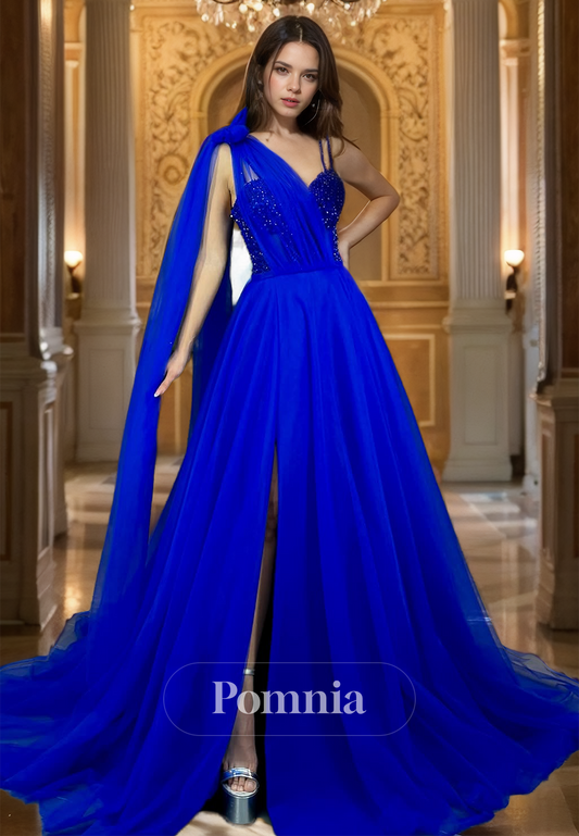 Royal Blue Spaghetti Straps V-Neck Prom Dress with Slit Sequins Evening Party Dress