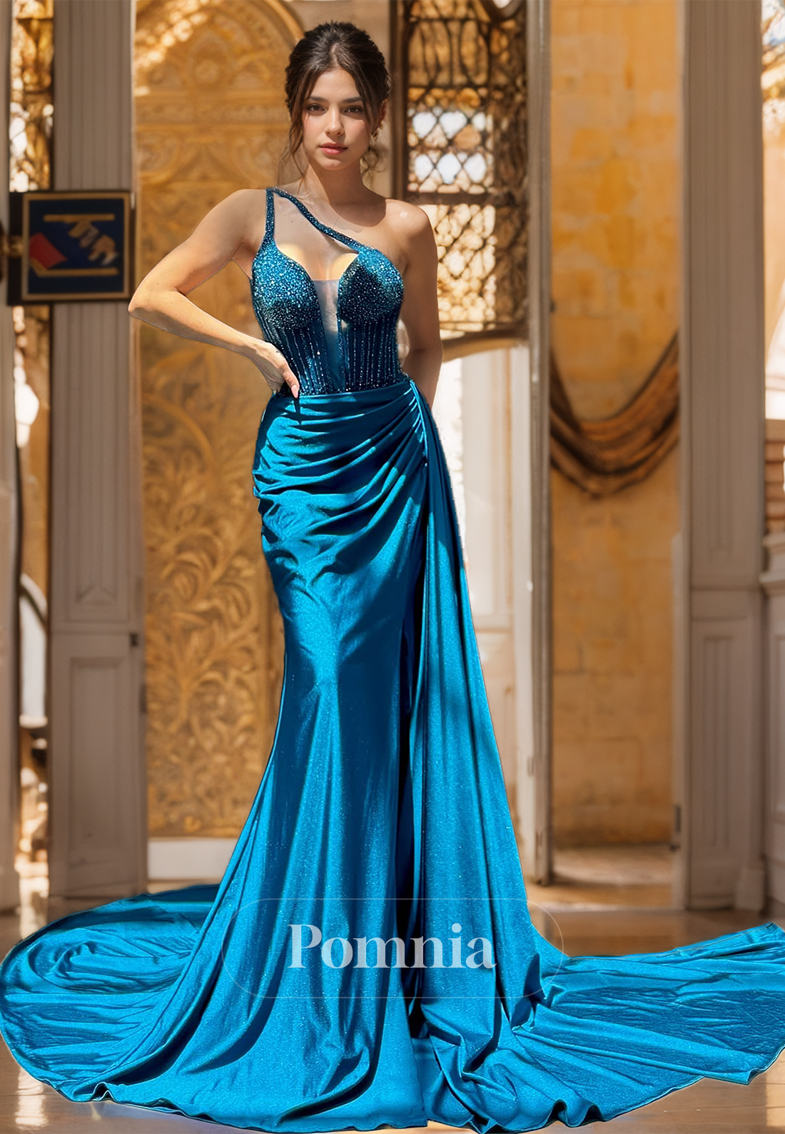 One Shoulder Sleeveless Sheath Prom Dress with Train Corset Ruched Evening Party Dress