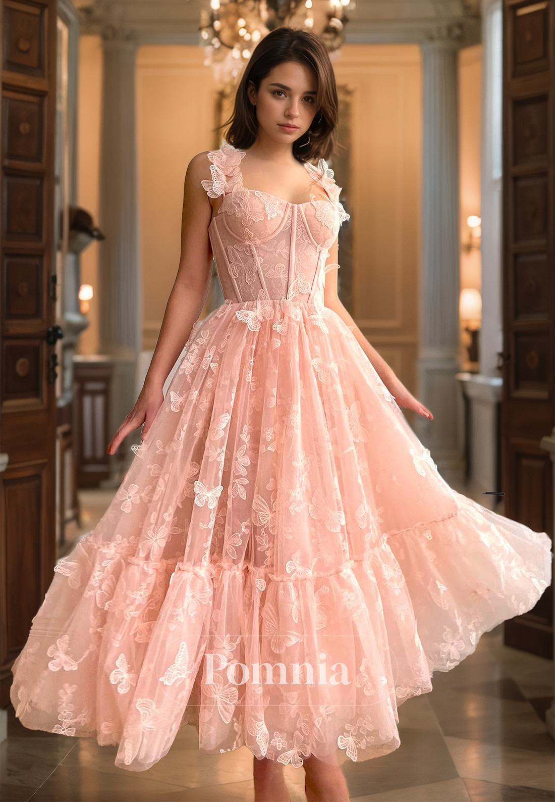 Pearl Pink Spaghetti Straps Prom Dress with Appliques Corset Tulle Evening Party Dress