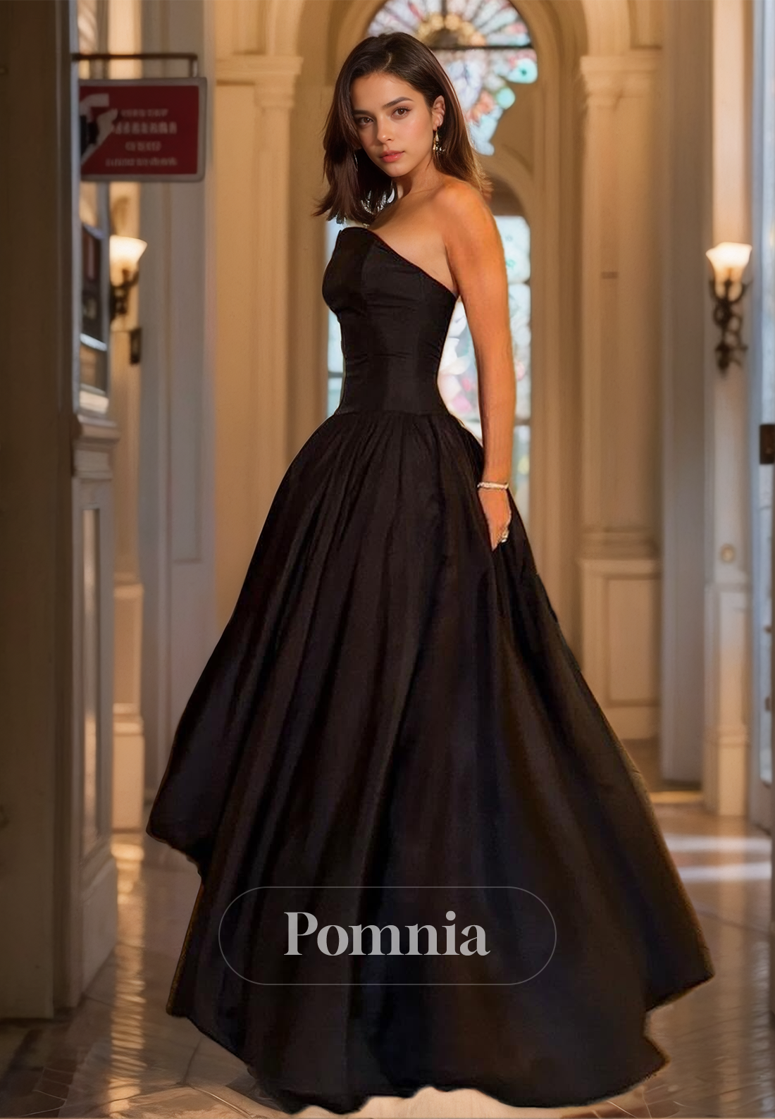 Black Sleeveless Strapless Empire-Waist Satin Prom Party Dress