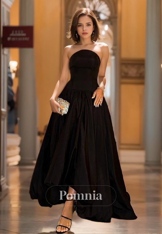 Black Sleeveless Strapless Empire-Waist Satin Prom Party Dress