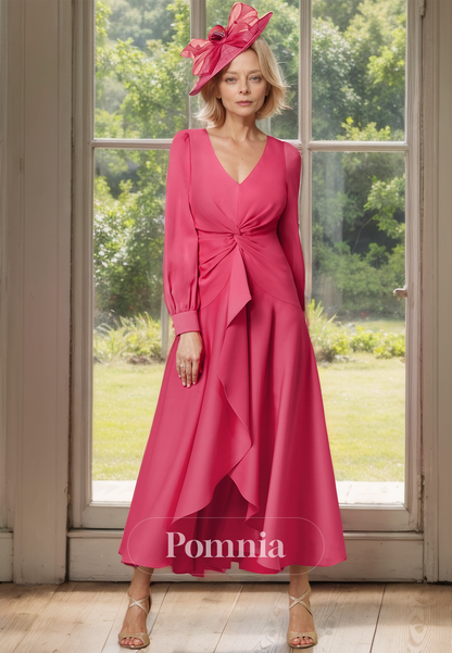 Long Sleeves V-Neck Ankle-Length Chiffon Mother of the Bride Dress