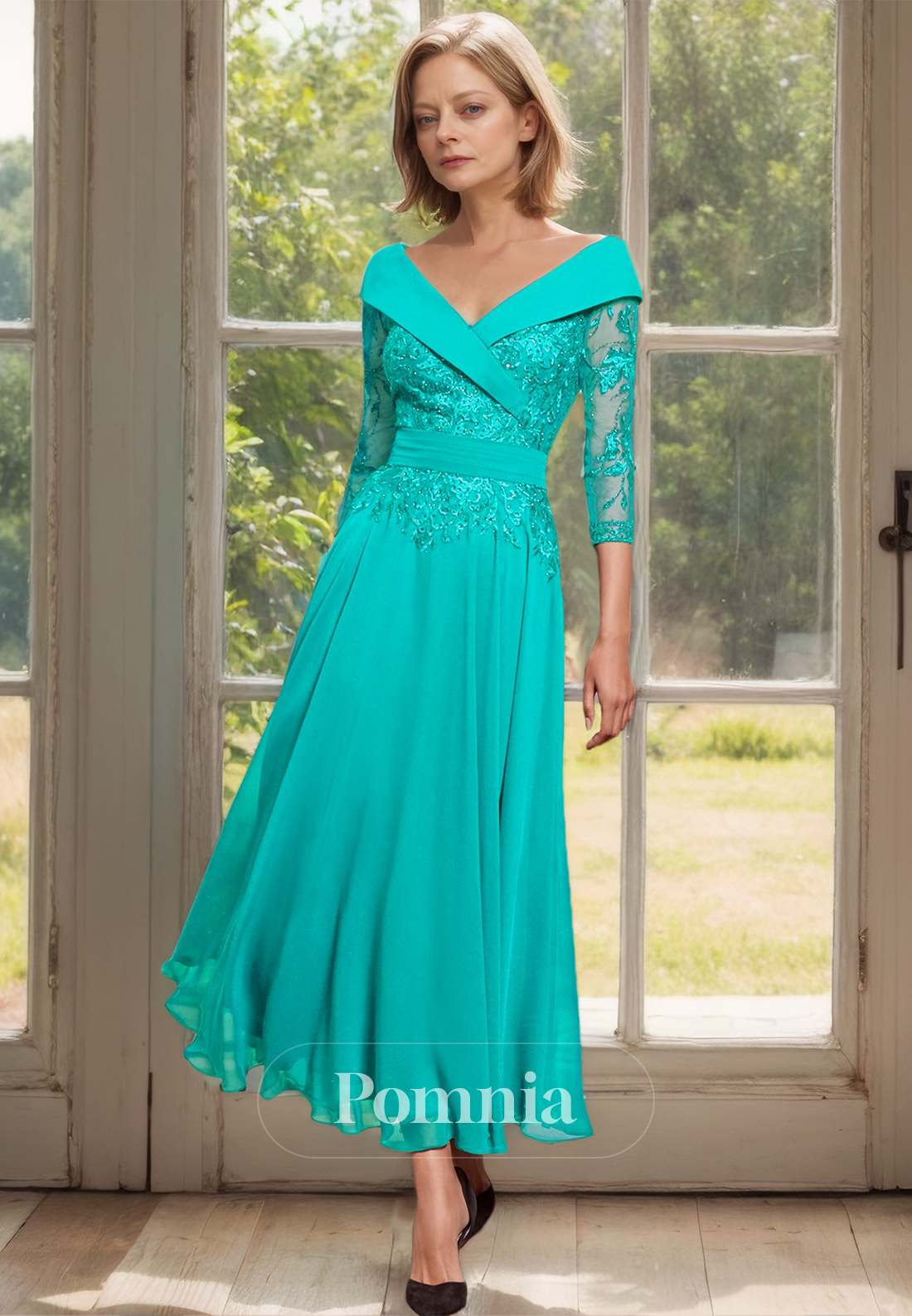 Lace 3/4 Long Sleeves V-Neck Ankle-Length Appliques Mother of the Bride Dress