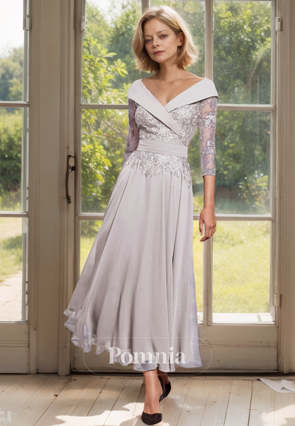 Lace 3/4 Long Sleeves V-Neck Ankle-Length Appliques Mother of the Bride Dress