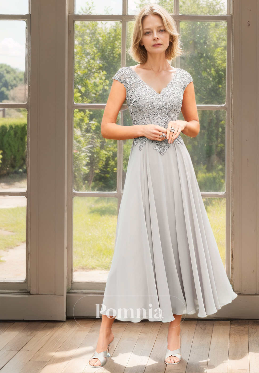 A-Line Short Sleeves V-Neck Appliques Ankle-Length Mother of the Bride Dress