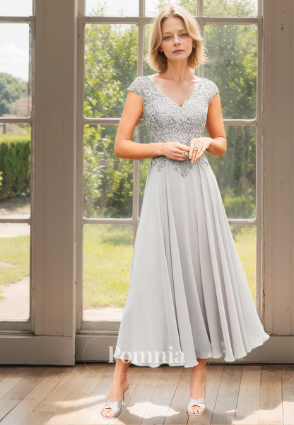 A-Line Short Sleeves V-Neck Appliques Ankle-Length Mother of the Bride Dress