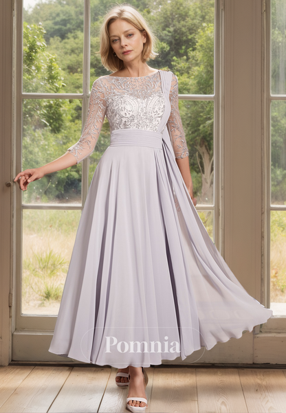 Simple 3/4 Sleeves Scoop Empire-Waist Appliques Mother of the Bride Dress