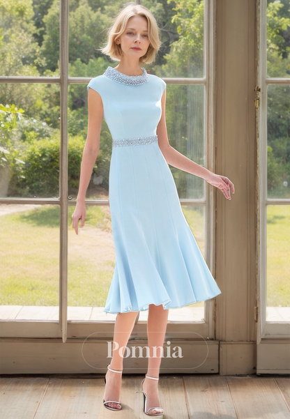 Sky Blue Scoop Short Sleeves Knee-Length Sequins Mother of the Bride Dress