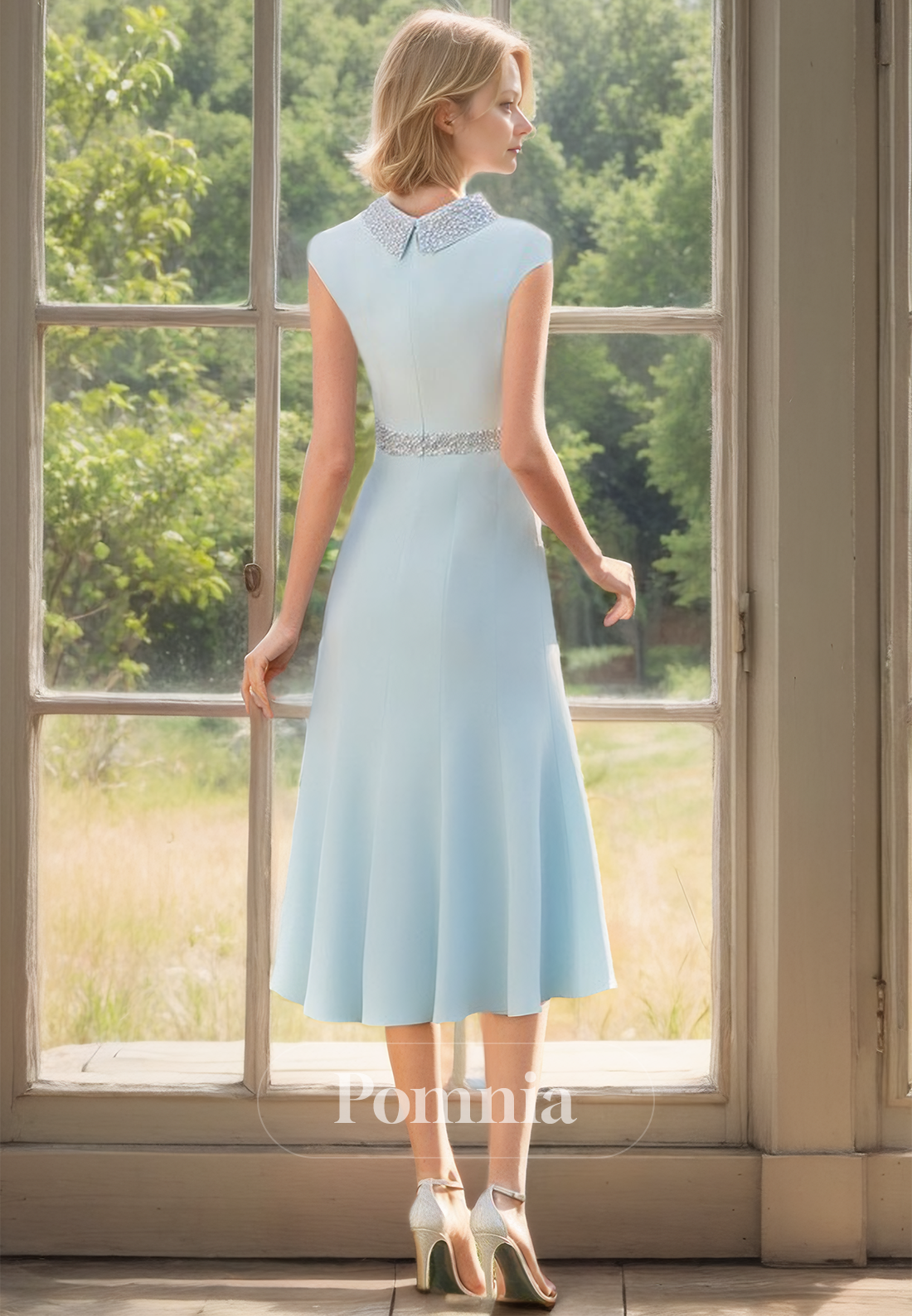 Sky Blue Scoop Short Sleeves Knee-Length Sequins Mother of the Bride Dress