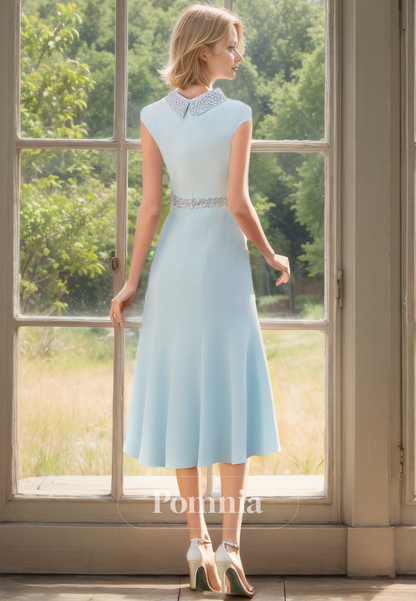 Sky Blue Scoop Short Sleeves Knee-Length Sequins Mother of the Bride Dress