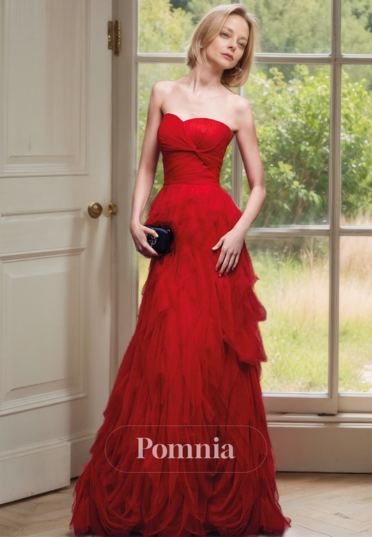 Red Strapless Sleeveless Corset Ruched Floor-Length Mother of the Bride Dress