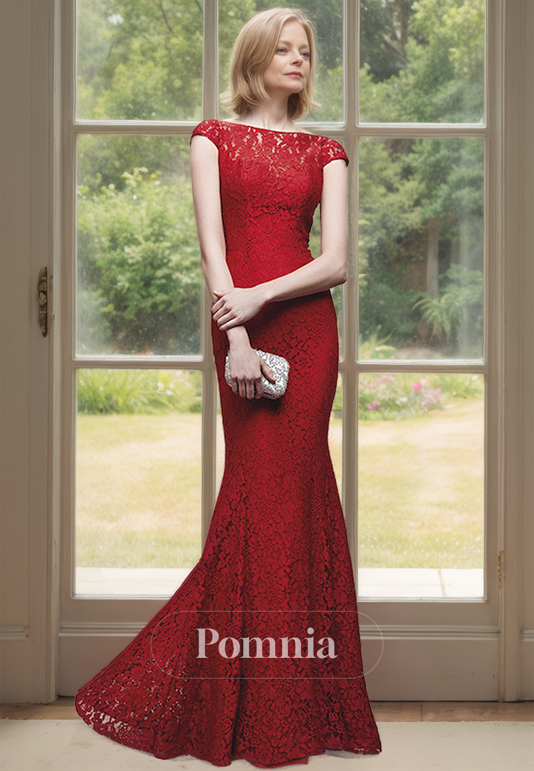 Red Boat Neck Short Sleeves Backless Floor-Length Mother of the Bride Dress