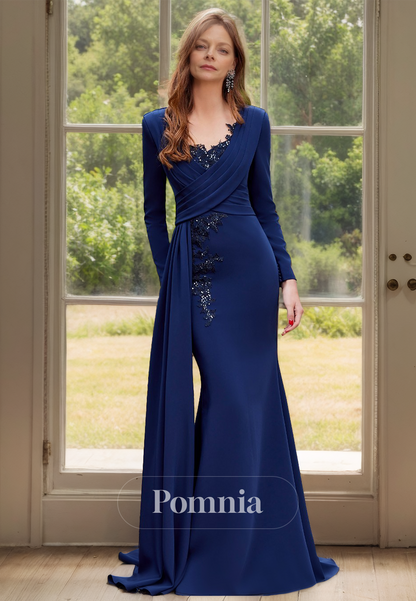 Dark Navy Long Sleeves V-Neck Appliques Floor-Length Mother of the Bride Dress