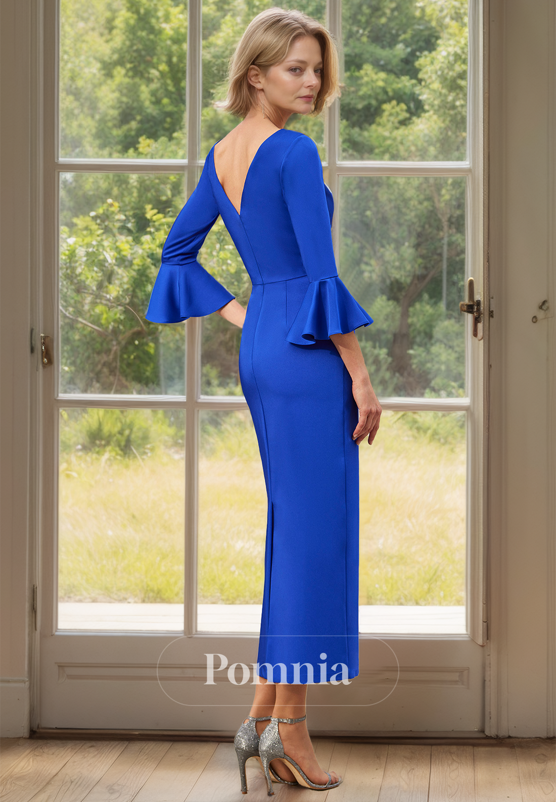 Royal Blue Sheath Scoop 3/4 Sleeves Empire-Waist Mother of the Bride Dress