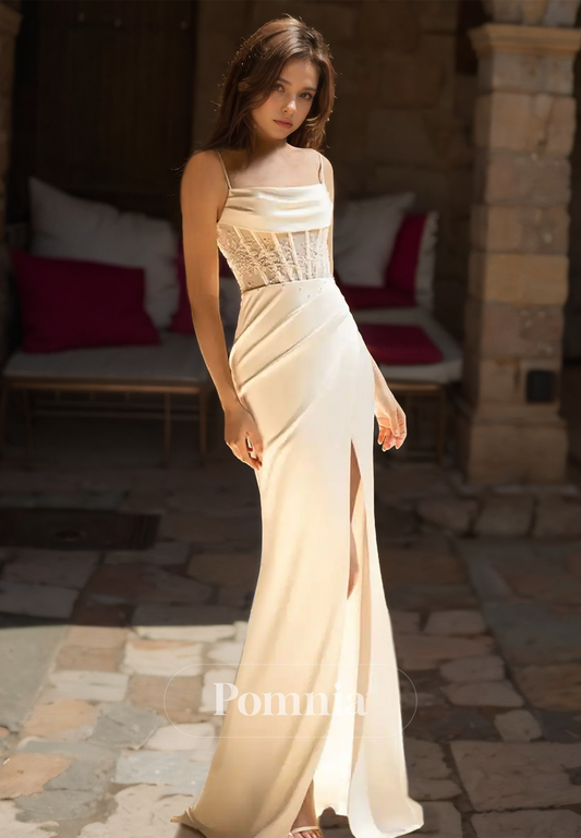 Spaghetti Straps Scoop Corset Tulle Ruched Slit Satin Wedding Dress