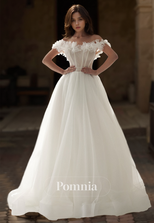 Elegant A-Line Off-Shoulder Illusion Corset Tulle Lace Wedding Dress