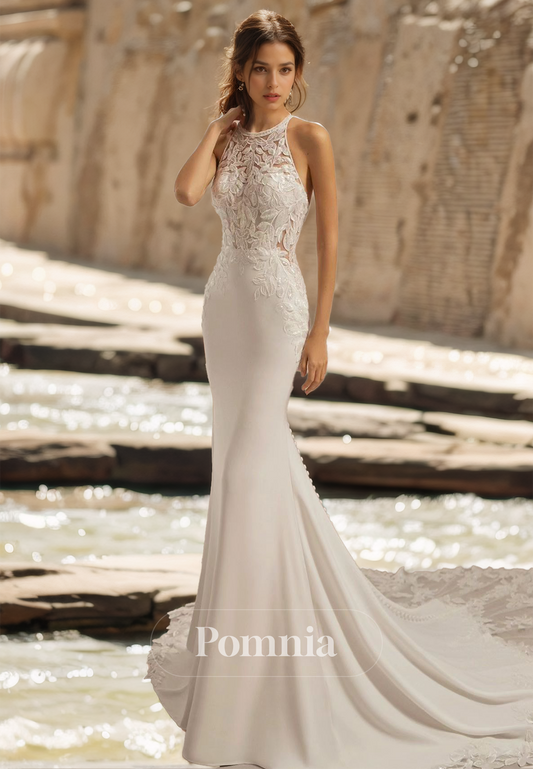 Sheath Sleeveless Halter Corset Tulle Appliques Sweep Train Romantic Wedding Dress