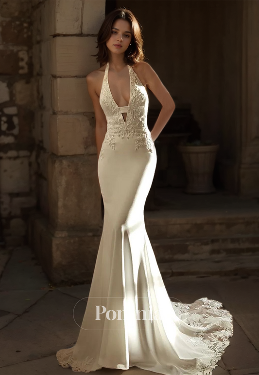 Halter Deep V-Neck Sleeveless Floral Appliques Backless Satin Wedding Dress