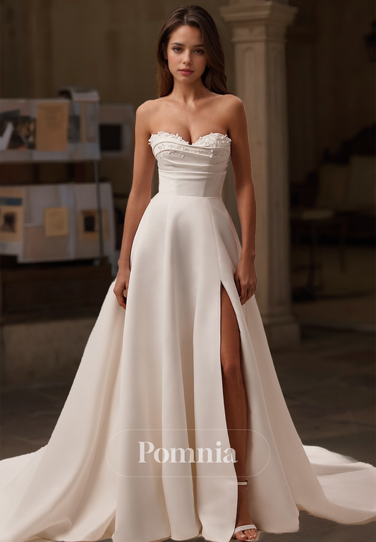 Simple Sleeveless Strapless Side Slit Appliques Sweep Train Satin Wedding Dress