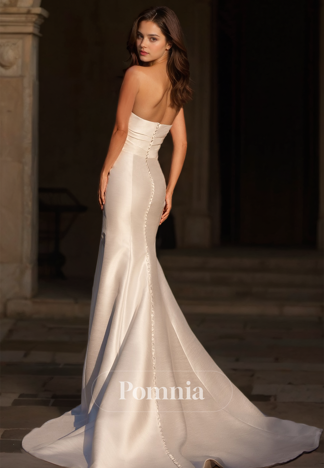 Elegant Strapless Sleeveless Ruched Side Slit Satin Wedding Dress